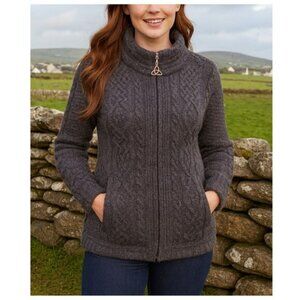 Aran Mor 100% Merino Wool Full Zip Cable Knit Sweater Gray Ireland Size Medium